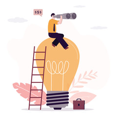 Growing business project needs funding. Visionary man sitting on giant light bulb and looking for investments for startup. Search for finance for development of new innovative project