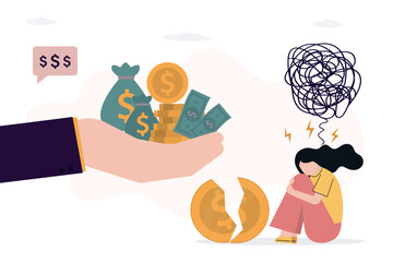 Sad businesswoman bankrupt with financial problems. Banker offers cash loan. Big hand gives money, economic help. Bank lending services. Borrower with mental problems, pressure.