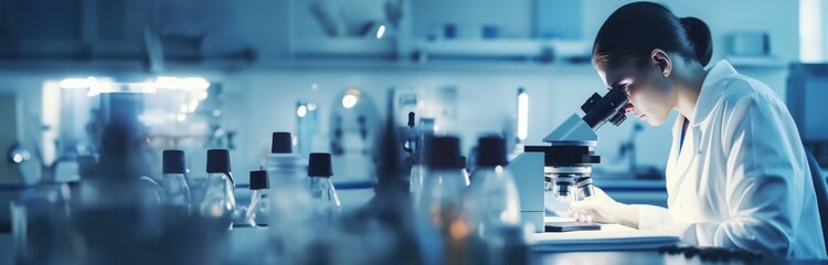 Scientist researcher using microscope in laboratory. Medical healthcare technology and pharmaceutical research and development concept. Generative AI. 
