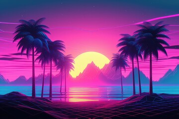 Naklejka premium Sunset on the beach. Vaporware aesthetic. Pink tones. Summer time concept. 