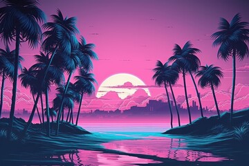 Sunset on the beach. Vaporware aesthetic. Pink tones. Summer time concept. 