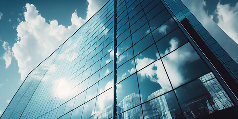 Fototapeta na wymiar Reflective skyscrapers, business office buildings.Low angle photography of glass curtain wall details of high-rise buildings.The window glass reflects the blue sky and white clouds, Ai generated image
