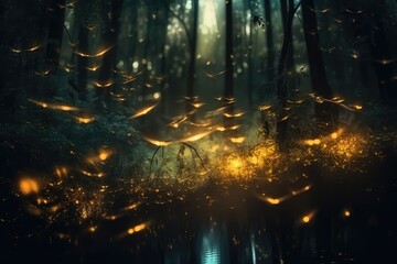 Obraz premium Firefly at the dark forest. Fantasy magical scene. 