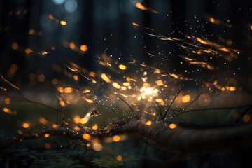 Firefly at the dark forest. Fantasy magical scene. 