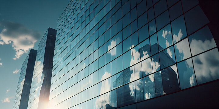 Reflective skyscrapers, business office buildings.Low angle photography of glass curtain wall details of high-rise buildings.The window glass reflects the blue sky and white clouds, Ai generated image