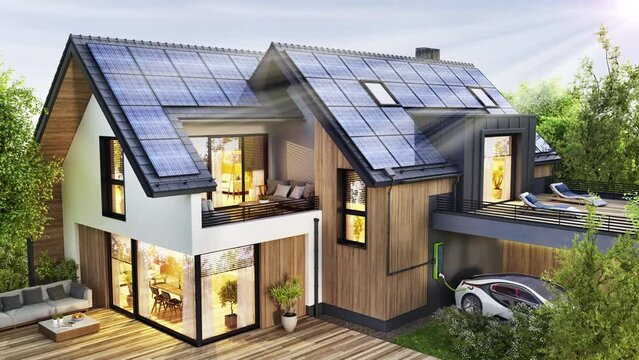 Modern house with solar panels. Charging an electric car at home with solar panels