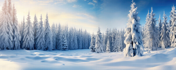 Obraz premium panoramic photo of the trees covered with snow in the snowland, copy space for text