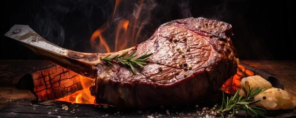 Grilled tomahawk steak top view on wooden background.