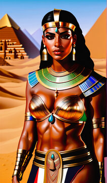 A beautiful young Egyptian pharaoh with beautiful hair, a golden crown, wearing elegant clothes and jewelry.