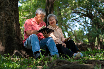 Fototapeta premium Happy old elderly couple spouses relaxing and sitting on a blanket in the park and sharing few precious memories. Senior couple having great time together on a picnic. concept of mature relationships