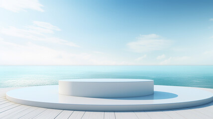 3d luxury white podium with blur ocean and blue sky for your luxury product.Generative AI