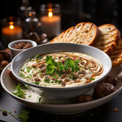  Creamy mushroom soup with bread in bowl 
