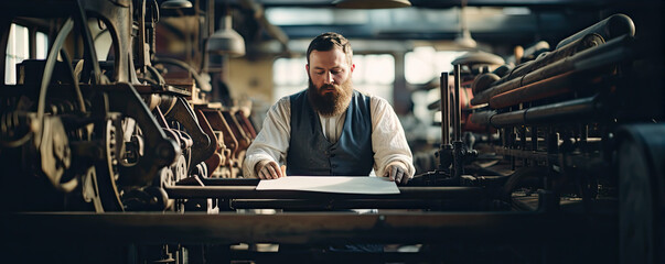 Fototapeta na wymiar Man working at printing press offince in old times.