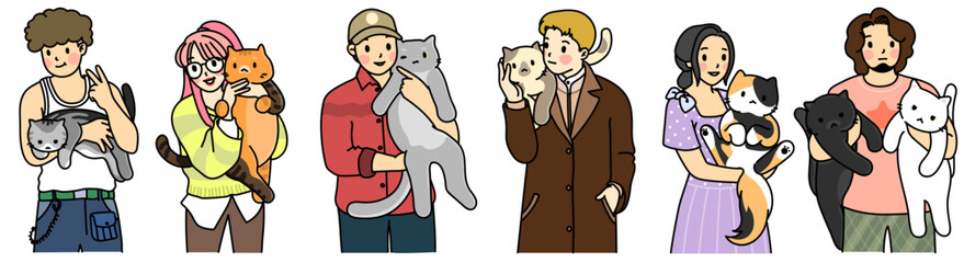 People holding cute cats set lovely kitties in their hands Pet owner portraits with adorable pretty feline animals. Flat vector illustration isolated on white background