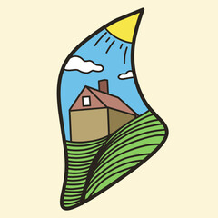 house design plate illustration with beautiful yard and sunny weather