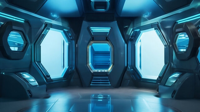 Data futuristic sci-fi blue artificial virtual room of a spaceship