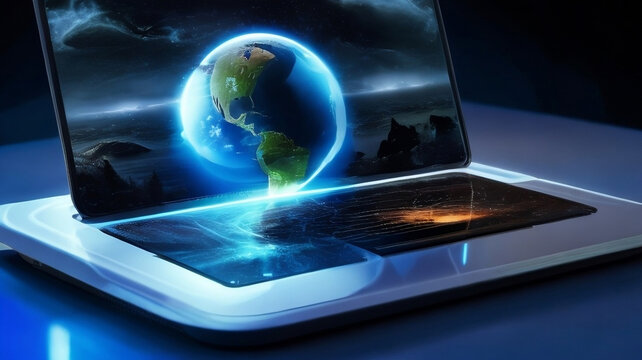 3D future black laptop with a virtual holograph of earth globe on it's screen.