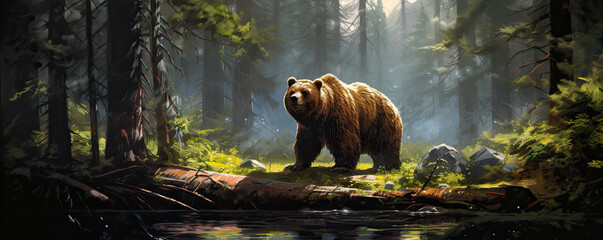 Grizzly bear in forest. wide banner