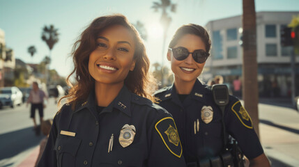 Portrait of two female smiling police officer in urban background.