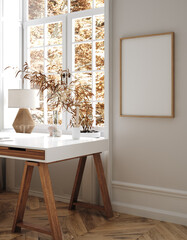 Cozy workplace interior at home with frame mockup, 3d render © artjafara