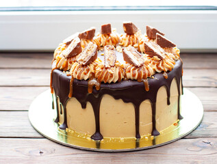 Peanut butter cream cake with melted chocolate, candy bars, bites of peanuts and salted caramel on wooden background