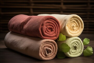 Rolled and prepared towels for guest use.