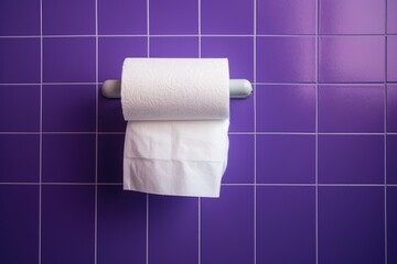 Obraz premium A white roll of soft toilet paper neatly hanging on a modern chrome holder.