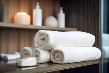 Naklejka na ściany i meble Shelf with towels at hotel spa.
