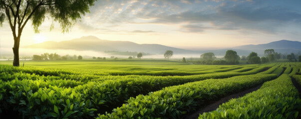 Obraz na płótnie Canvas Green field of tea at sunny day,
