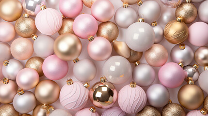 **Beautiful Christmas Baubels. Pastel Pink and Gold Seasonal Background.