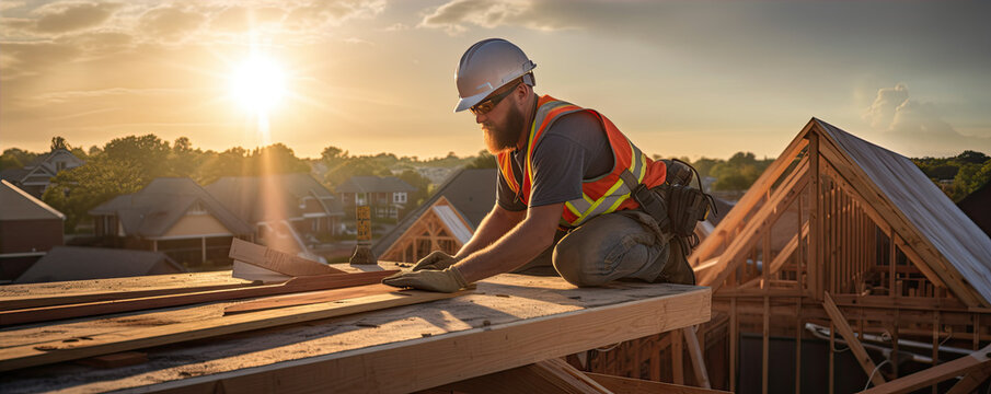 Roof Worker Or Carpenter Building A Wood Structure House Construction.