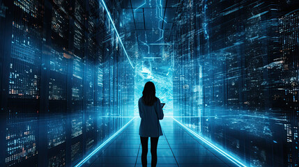 Woman with a tablet in a data center view. System Engineer Working for Cyber Data Security Company - Generative AI