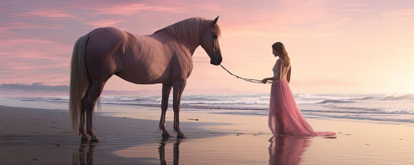 Girl in a pink dress with horse on the beach.