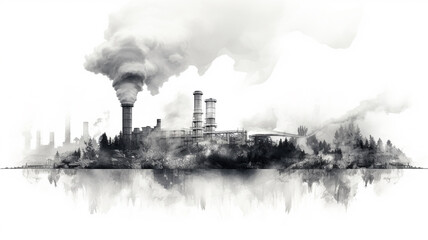  A coal-fired power station pencil sketch. - global warming concept.