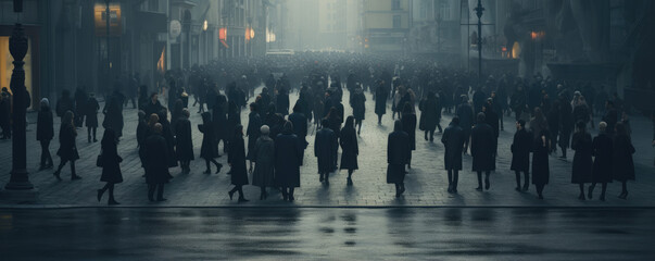 Crowd of people walking on city street.