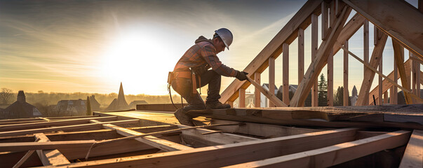 Roof worker or carpenter building a wood structure house construction. - obrazy, fototapety, plakaty