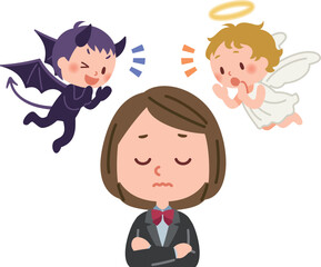 天使と悪魔に囁かれて考え込む女子学生