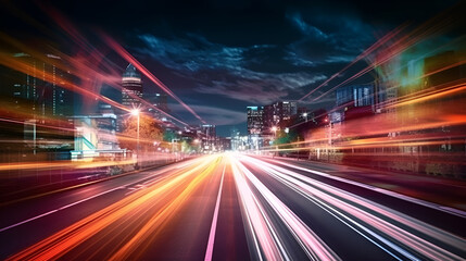Fototapeta na wymiar Urban Nightscape: Traffic Lights and Cars Illuminate the City, generative ai