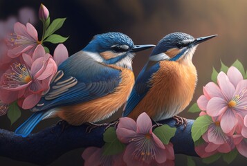 Two beautiful birds above the flowers. generative AI
