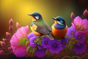 Two beautiful birds above the flowers. generative AI