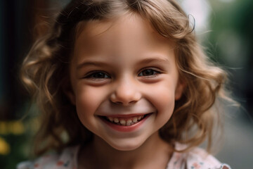 Close up portrait of happy little girl child long hair showing front teeth with big smile happy funny smiling face young adorable lovely kid joyful. 