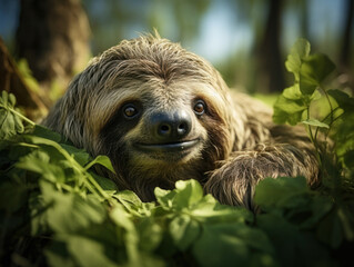 Naklejka premium Sloth in its Natural Habitat, Wildlife Photography, Generative AI