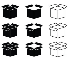 Box line icons. Empty open shipping box, boxes icon set.

