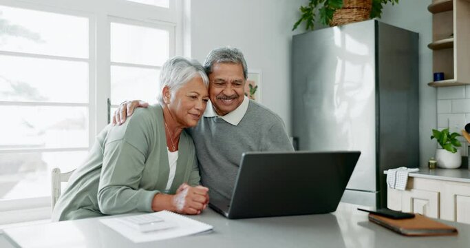 Love, laptop and senior couple in the kitchen paying their bills, debt mortgage online together. Happy, hug and elderly man and woman in retirement networking on the internet with a computer at home.