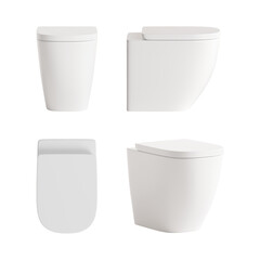 A set of four views of a modern white ceramic floor-standing built-in toilet with a white toilet lid. Front view, side views, top view, and perspective view. 3d render