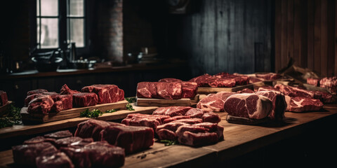 Fresh Raw Meat. Beef Tenderloin. Beef steaks. Pork steaks. Meat cutting. Butcher shop