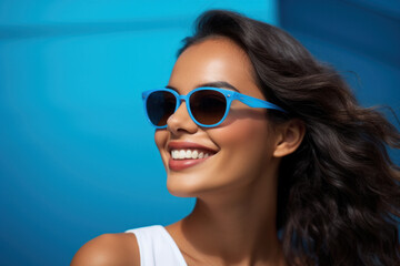 Stylish young woman in sunglasses, smiling against blue background.