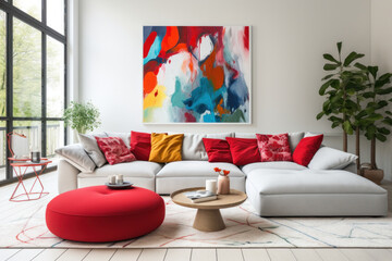 Colorful pillows on red couch in white living room with gray rug..