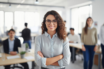Smiling hipster woman in modern office, arms crossed, colleagues in background. - obrazy, fototapety, plakaty
