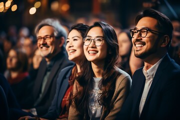 Obraz premium asian people audience sitting in amphitheater watching during panel discussion